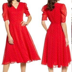 Rachel Parcell Women's Red Polka-dot Puff Sleve Midi Dress